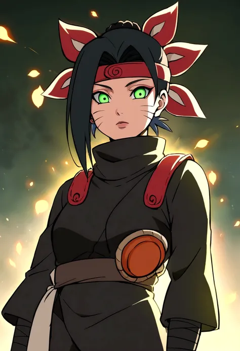 Kizi, Bblack hair,greeneyes, ninja clothing anime style design naruto, clear face, detailed 