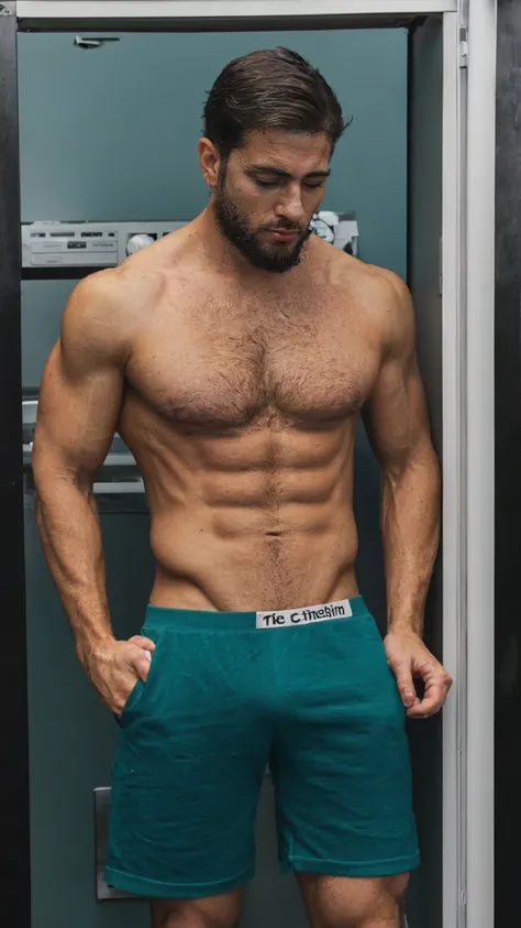 Real image of muscular and hairy man, short black hair, short beard, shirtless, wearing black and turquoise boxers, grabbing the door of a refrigerator in a kitchen . it&#39;s night.