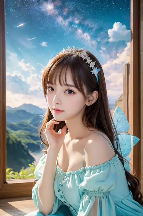 shooting star　Cute girl　Fantasy　Highest quality　masterpiece　Photo style　Fairy tale