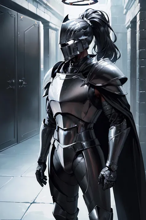 (masterpiece; best quality: 1.2), ((full armored knight man)), ((solo)), (black eyes: 1.4), (body; toned, lean, masculine: 1.3), (beautiful and clear background: 1.2), ((depth of field)), (equipment: full plate all-black dark-metallic armor + closed helmet...