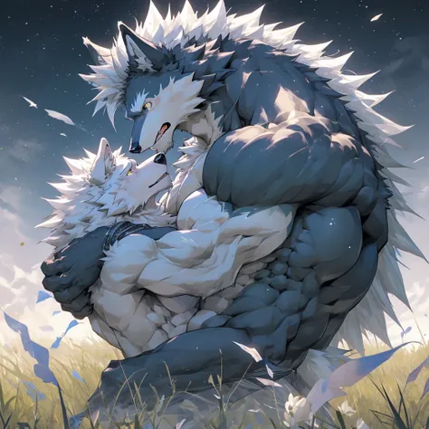 Gemini, the 12 zodiac signs, the noble and pure white wolf, topless, furry, delicate, muscular, majestic （Golden eyes sparkle）The background is the rolling mountains of the grassland plateau, Wild and domineering , Huge muscles, Abdominal muscle tearing wh...