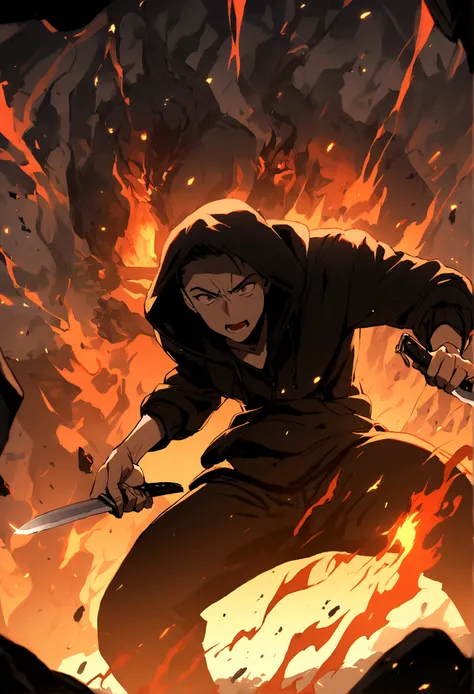 1boy killing a man with a knife, black hoodie, black pants hells fire in the background