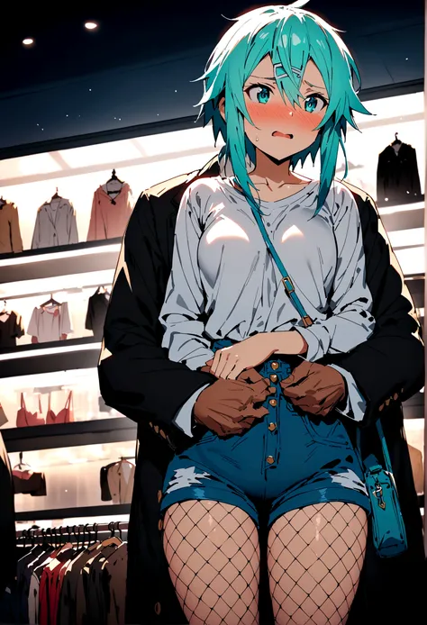 NSFW,masterpiece,Highest quality,High resolution,Super detailed,Sinon(Sword Art Online),Jacket,White T-shirt,cropped,Shorts,Fishnet tights,Shoulder bag,Embarrassed,expectant face,blush,Shopping mall,Lingerie Shop,Underwear section,Date,(Suspicious Men),(Mo...