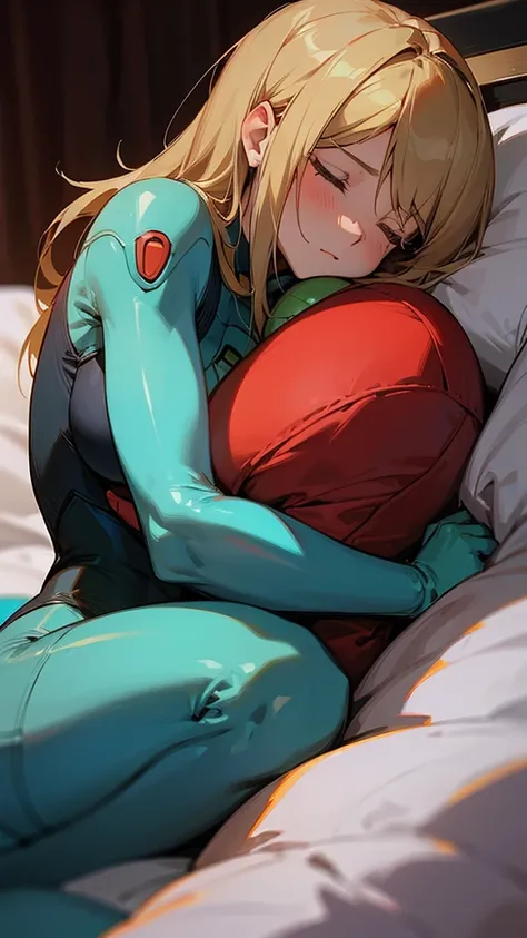 Samus Aran cuddling with her son in bed while he sleeps on her chest