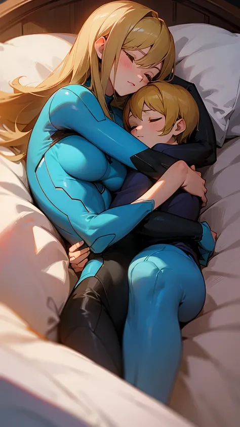 Samus Aran cuddling with her son in bed while he sleeps on her chest