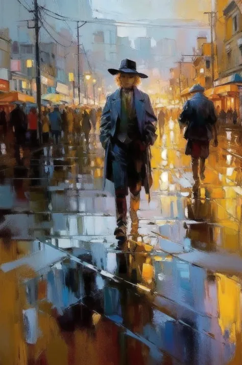 OIL PAINTING,IMPRESSIONISM,(masterpiece, best quality, ultra-detailed, best shadow),(detailed background),realistic ,(Rembrandt),  rainny evening in City, people passing by, looking throught wet glass melted by stream of rain shapes, color field painting, ...