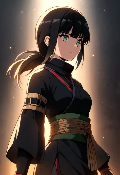 Woman , black hair,greeneyes, ninja clothing anime style design , clear face