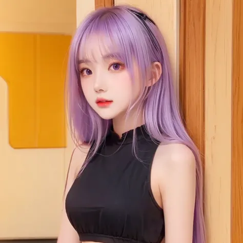 1girl with long hair and black dress standing in front of a door, anime girl wearing a black crop top, (violet hair), (Long hair), fair skin, purple eye, pretty face, 16 years old