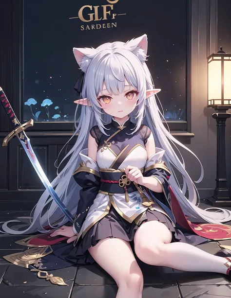 Anime girl sitting on the ground holding a sword, Elf Girl, She has elf ears and golden eyes, guweiz on pixiv artstation, guweiz on artstation pixiv, Official Character Art, Shadowverse Style, Cute anime girl in a beautiful skirt, Popular on artstation pix...