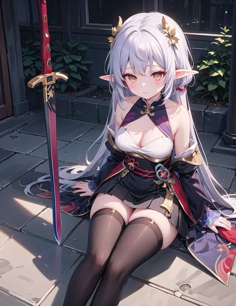 Anime girl sitting on the ground holding a sword, Elf Girl, She has elf ears and golden eyes, guweiz on pixiv artstation, guweiz on artstation pixiv, Official Character Art, Shadowverse Style, Cute anime girl in a beautiful skirt, Popular on artstation pix...