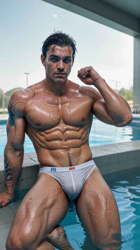 It generates a very handsome young boy with perfect features, he has swimming goggles on, his body is muscular and defined, the veins are visible in his muscles, he is tattooed in various parts of his body, his body is completely full of water and hairy, h...