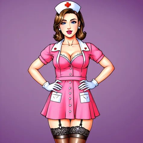 In the dimly lit hospital room, a young female nurse in her early twenties stands out against the somber backdrop. Dressed in lacy lingerie, thigh-high stockings, and a nurses cap, she exudes a sense of seductive mystery. Her low-cut pink top showcases amp...