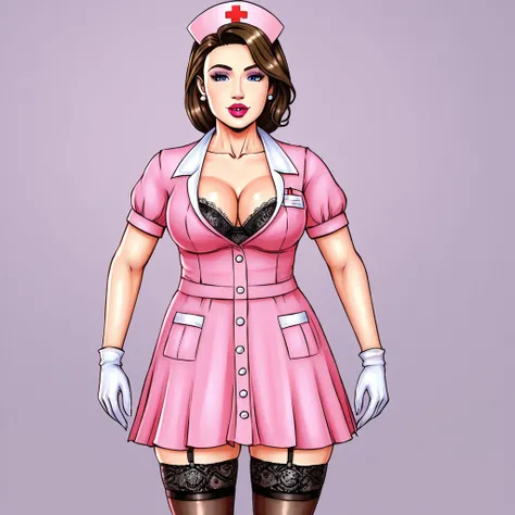 In the dimly lit hospital room, a young female nurse in her early twenties stands out against the somber backdrop. Dressed in lacy lingerie, thigh-high stockings, and a nurses cap, she exudes a sense of seductive mystery. Her low-cut pink top showcases amp...