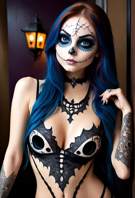 Create a hyper detailed photograph of a jack Skellington tattoos young sexy stunning gorgeous sally Skellington, Stunningly perfect gorgeous face, perfect makeup, detailed vibrant eyes, long hair,detailed perfect beautiful legs, detailed perfect beautiful ...