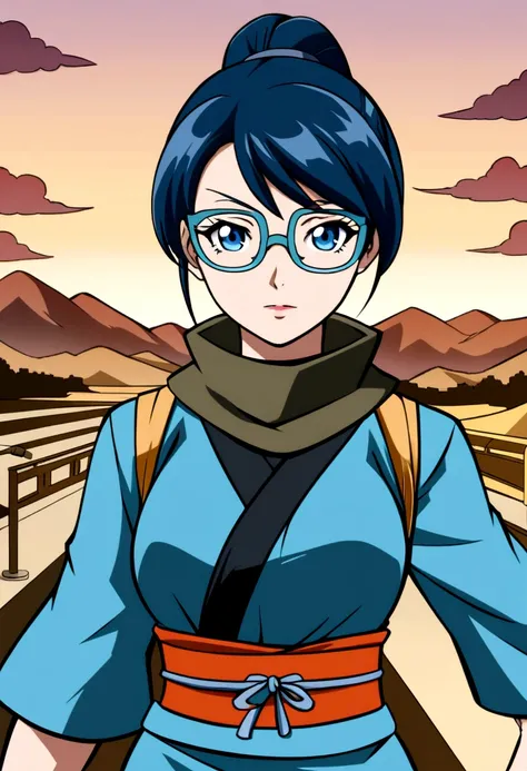 Woman, short blue hair, glasses, ninja outfit, anime design style, clear face 