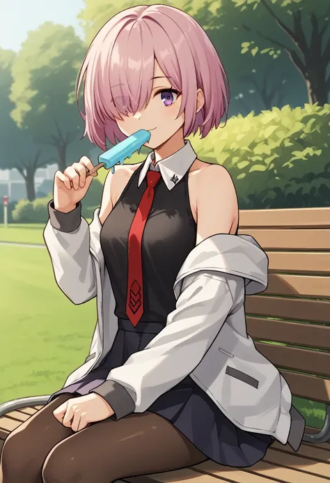 1 woman, short hair, pink hair, purple eyes, hair above one eye, black shirt, white collar, red tie, two-tone jacket, white jack...