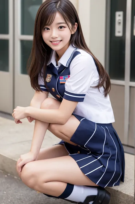 Cute beauty　uniform　mini skirt　Crouching　smile