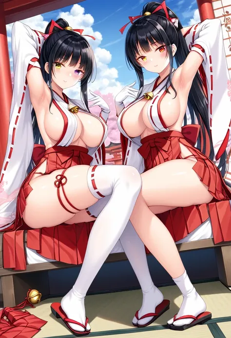 multiple girls, two girls, pair, twins, long hair, ponytail, breasts, looking at viewer, black hair, hair accessory, gloves, sitting, yellow eyes, thighs, white gloves, exposed navel, thigh straps, heterochromia, skimpy clothing, chest curtains, very large...