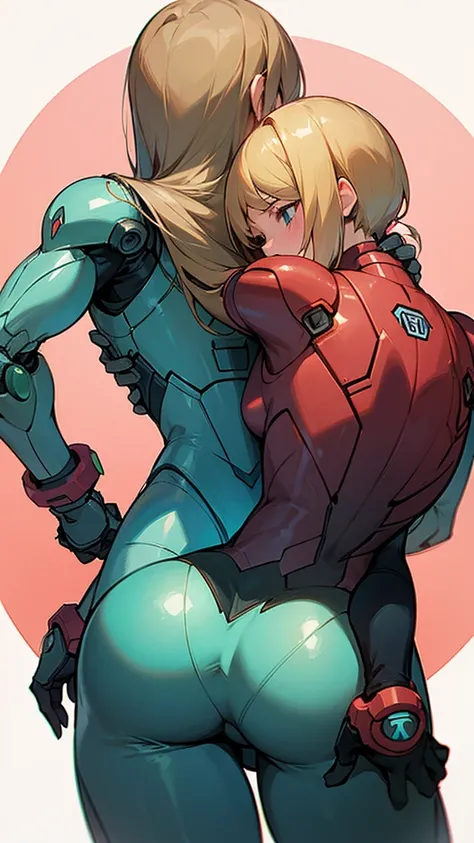 Samus Aran giving a hug to her son from behind