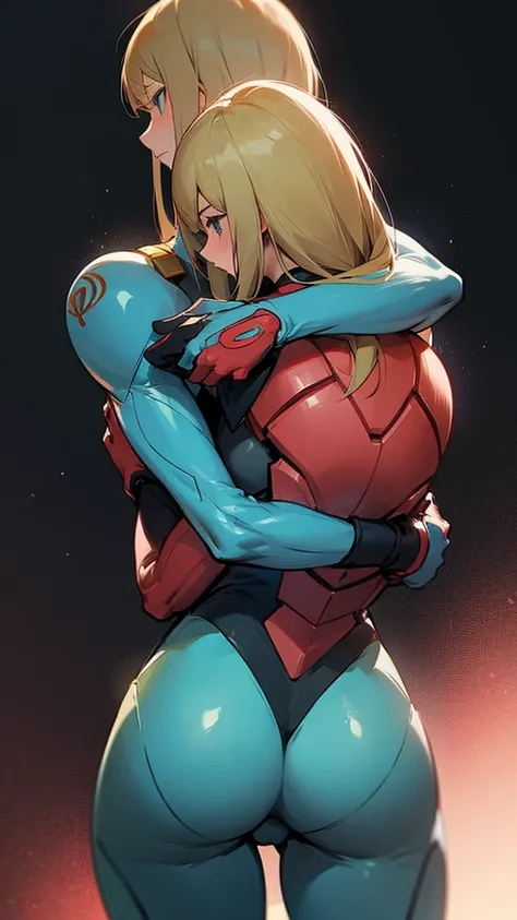 Samus Aran giving a hug to her son from behind