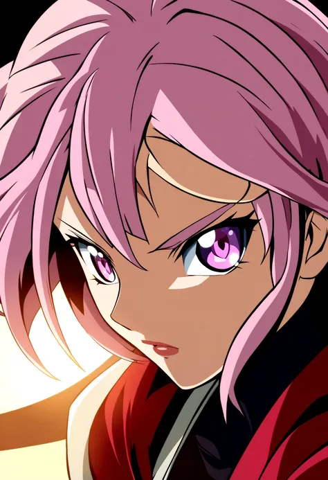 Woman, pink and white hair,violet eyes , ninja outfit, anime design style, clear face 