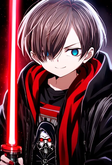 kyotaro ichikawa, red eyes, smile evil, black jacket, black t-shirt with red details, gray sports pants, sneakers, lightsaber de...