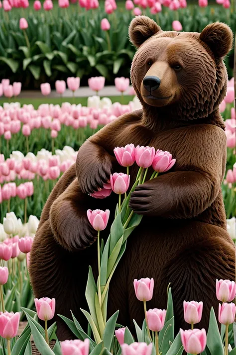 Cute brown bear with pink tulips 