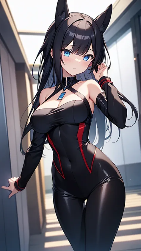 (Highly detailed CG Unity 8k wallpaper,masterpiece),(Best lighting, Best Shadow, Very delicate and beautiful),(One girl),blue eyes, Big Breasts, Black Hair,Red and black off-the-shoulder SF bodysuit,Neck Seal,High-tech sci-fi corridor, Dynamic pose, Detail...