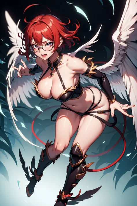 siren woman short hair tomboy, standing sexy with glasses, and white wings, Blue setting, movement pose, fully body, perfect hands
