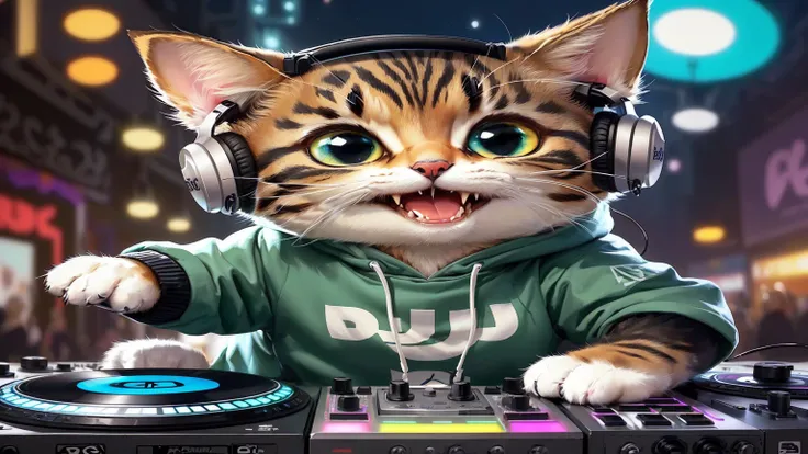 araffe cat in a hoodie playing music on a turntable, dj, dj sura, dj set, turntablism dj scratching, cute detailed digital art, cute digital art, adorable digital painting, furry artist, puppy as a dj, background artwork, profile picture 1024px, cats party...