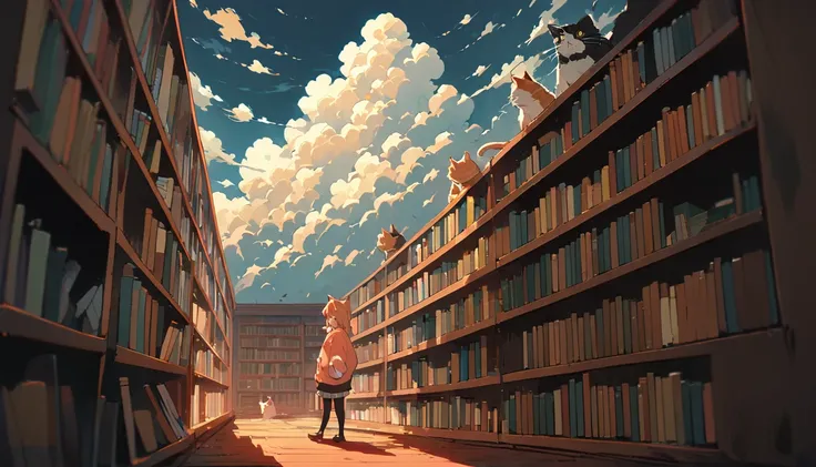 ((anime:1.4,illustration)),(masterpiece, top quality, best quality),(ultra-detailed, absolutely resolution),((16k, high res)), (((girl, study in library, cat, sky, cumulonimbus cloud)) ((cozy lofi illustration:1.4)), ((anime:1.4, illustration)),(masterpiec...