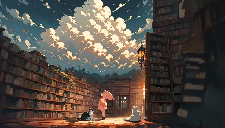 ((anime:1.4,illustration)),(masterpiece, top quality, best quality),(ultra-detailed, absolutely resolution),((16k, high res)), (((girl, study in library, cat, sky, cumulonimbus cloud)) ((cozy lofi illustration:1.4)), ((anime:1.4, illustration)),(masterpiec...