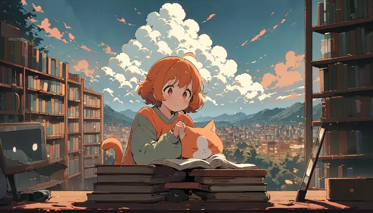 ((anime:1.4,illustration)),(masterpiece, top quality, best quality),(ultra-detailed, absolutely resolution),((16k, high res)), (((girl, study in library, cat, sky, cumulonimbus cloud)) ((cozy lofi illustration:1.4)), ((anime:1.4, illustration)),(masterpiec...