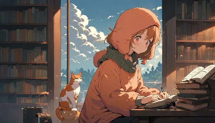 ((anime:1.4,illustration)),(masterpiece, top quality, best quality),(ultra-detailed, absolutely resolution),((16k, high res)), (((girl, study in library, cat, sky, cumulonimbus cloud)) ((cozy lofi illustration:1.4)), ((anime:1.4, illustration)),(masterpiec...