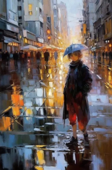 OIL PAINTIN made with palette knife, IMPRESSIONISM,(masterpiece, best quality, ultra-detailed, best shadow),(detailed background),realistic ,(Rembrandt),  rainny evening in City,  shown throught wet glass,  shapes are blurred melts away from stream of rain...