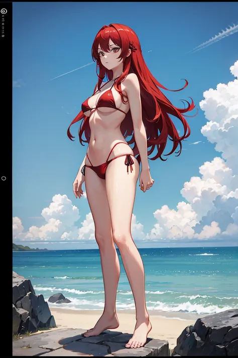 1woman, long red hair, black eyes, bikini, standing on ground, high res, ultra sharp, 8K, masterpiece