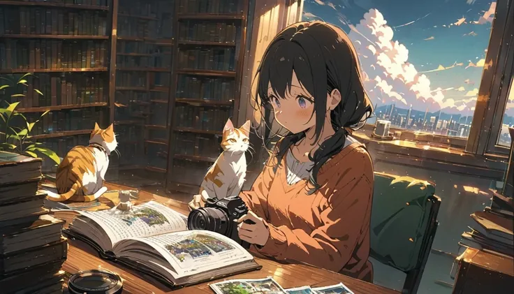 ((anime:1.4,illustration)),(masterpiece, top quality, best quality),(ultra-detailed, absolutely resolution),((16k, high res)), (((girl, study in library, cat, sky, cumulonimbus cloud)) ((cozy lofi illustration:1.4)), ((anime:1.4, illustration)),(masterpiec...