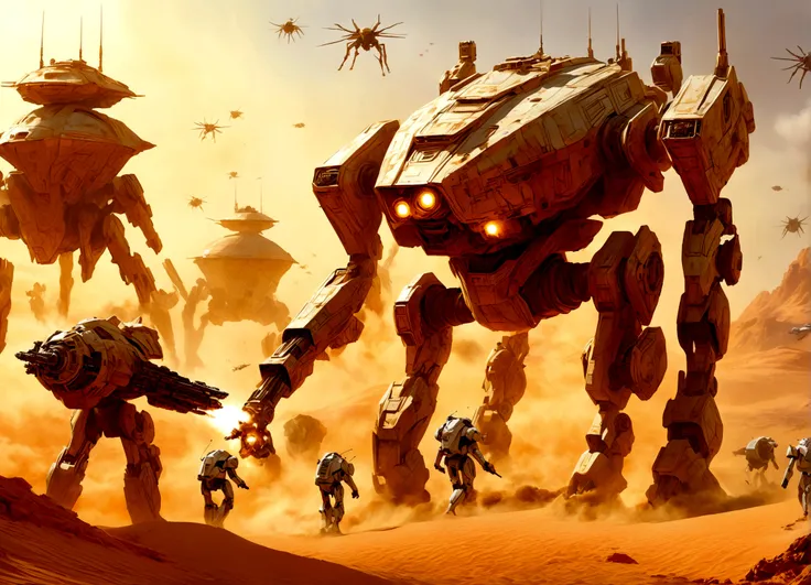 Star Wars, an imperial armored walker (mecha with big guns) assault an alien stronghold (organic appearance, like an insect hive) on a desert world, fire fight