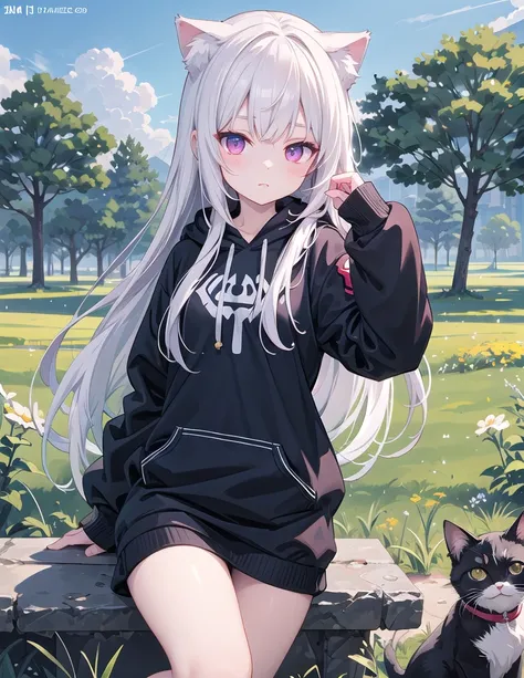 White-haired anime girl in a black hoodie posing in a field, From Girl Front, Anime style, Artwork in the style of Guweiz, guweiz on pixiv artstation, Girls Frontline style, Anime style, guweiz on artstation pixiv, Anime girl with cat ears, Cute anime catw...