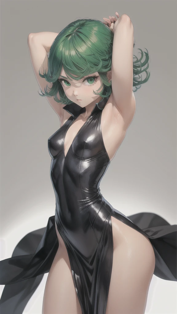 (1 girl, Alone, Masterpiece, 4k,  Best Quality:1.2, (cowboy shot), Best Quality:1.2, good hands, showy, (perfect hands, perfect anatomy)), 
Tatsumaki, black dress,  tight dress, neckline, ((small breasts, medium hips, looking at the viewer)),  pelvic curta...