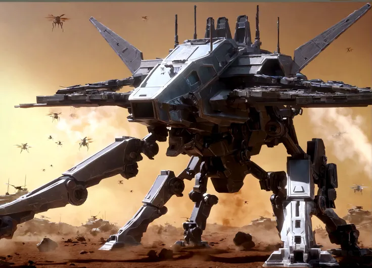 a massive imperial armored walker, huge mechanical mecha with big guns, assaulting an alien stronghold with organic, insect-like hive architecture on a desert planet, intense firefight, dynamic action scene, cinematic, concept art style, highly detailed, p...