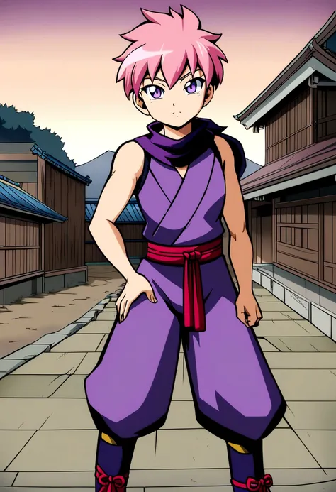 naughty man, pink  hair  ,  purples eyes, ninja outfit, anime design style, clear face 