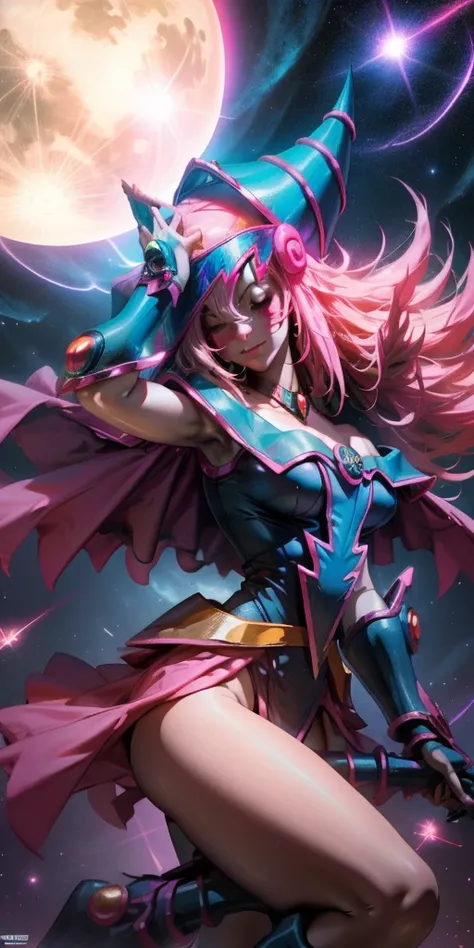 Beautiful woman dark magician girl ( neon cyberpunk ), The neon sings, neon lighting, RTX dark magician girl lighting up flying in the air. Above the city at midnight. full moon. skies of stars. Dark wizard flying