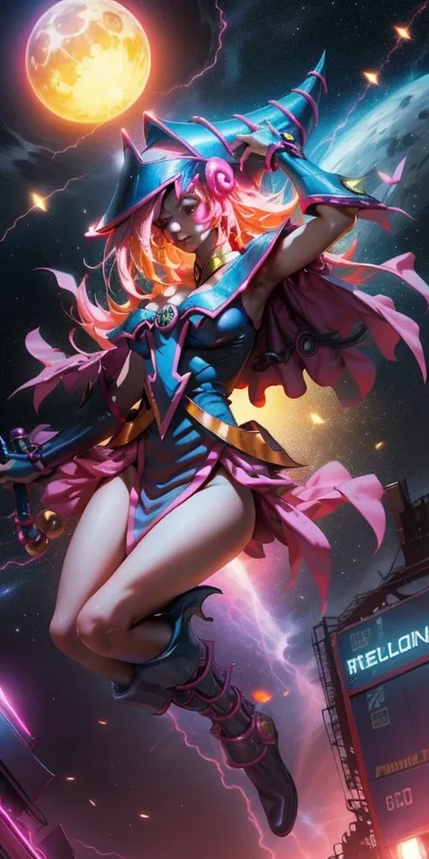 Beautiful woman dark magician girl ( neon cyberpunk ), The neon sings, neon lighting, RTX dark magician girl lighting up flying in the air. Above the city at midnight. full moon. skies of stars. Dark wizard flying