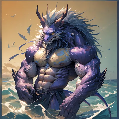 Cancer, the zodiac sign, is a fierce crab with a naked upper body, hairy and delicate muscles, and is majestic. （Golden eyes sparkle）The background is the undulating sea beach, Wild and domineering , Huge muscles, Abs Ripping Crab