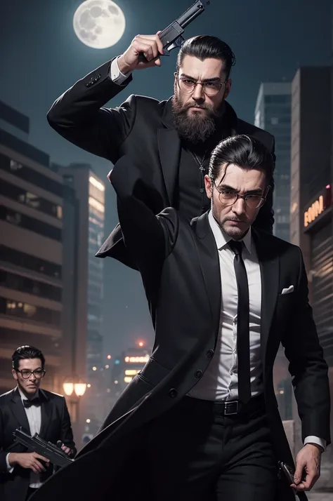 Comic image showing a man in a black overcoat, round glasses, bleeding, with a gun in his hand, with his hair slicked back on a full moon night, with a serious expression but a small smile, while there is a crowd of thieves, He has beard 