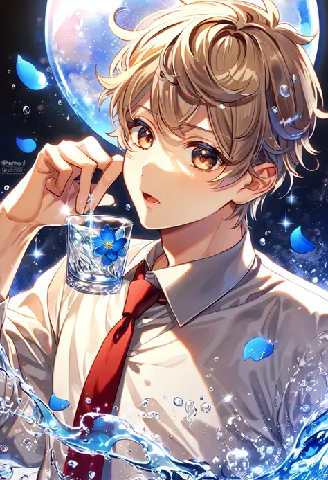 absurdres, highres, ultra detailed, HDR, master piece, best quality, extremely detailed, Shirota Mahiru, light-brown hair, short bangs, expressive brown eyes, Servamp, solo, sexy man, handsome, white shirt, red necktie, magical, fantasy, glittering, sparkl...