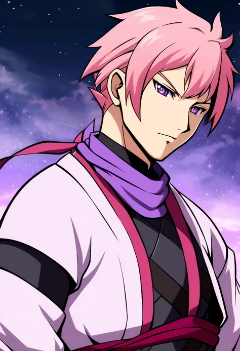 man, pink  hair  ,  purples eyes, ninja outfit, anime design style, clear face 