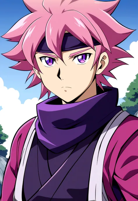 man, pink  hair  ,  purples eyes, ninja outfit, anime design style, clear face 