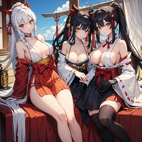 multiple girls, two girls, pair, twins, long hair, ponytail, breasts, looking at viewer, black hair, hair accessory, gloves, sitting, yellow eyes, thighs, white gloves, exposed navel, thigh straps, heterochromia, skimpy clothing, chest curtains, very large...